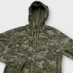 Aeropostale Button Up Hooded Camo Shirt Mens Small Green Camouflage‎ Long Sleeve
